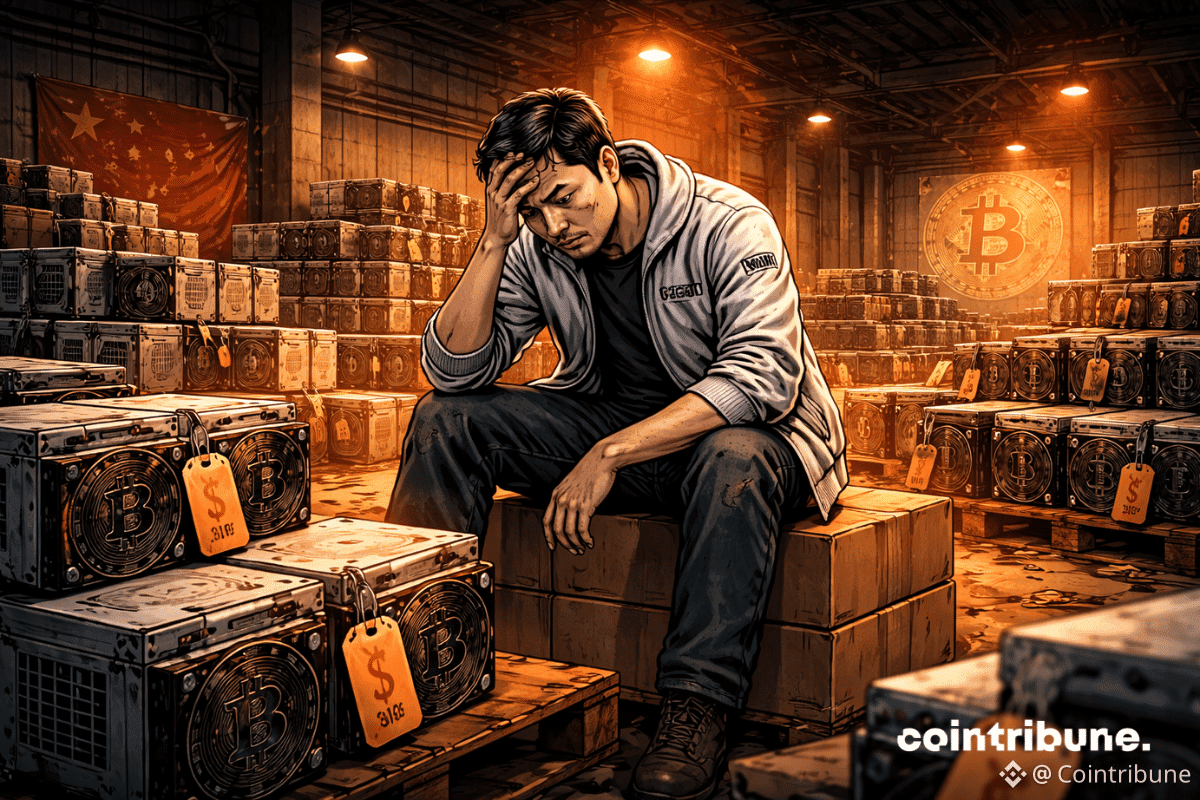 Des machines de mining Bitcoin sont empilées comme des stocks invendus à l’intérieur d’un entrepôt gigantesque. Un employé de Bitmain est assis sur une pile de cartons.