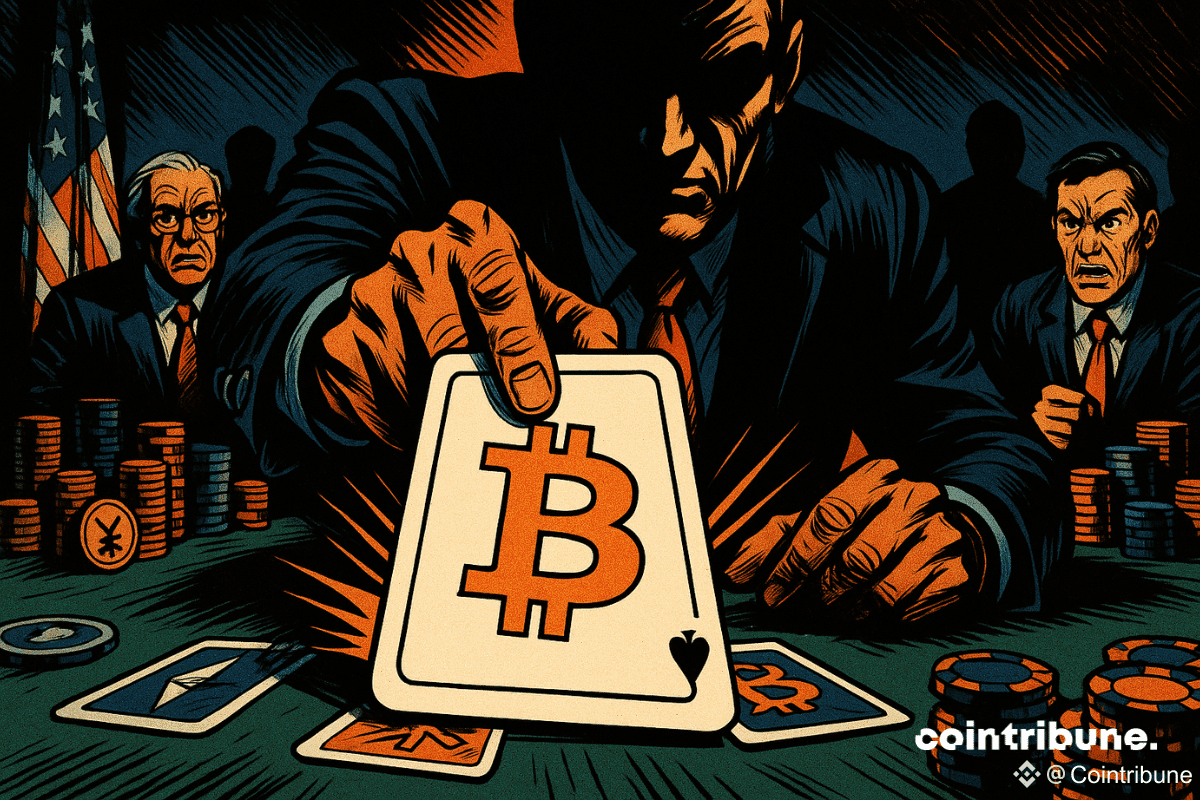 Un homme abat une carte Bitcoin sur une table de poker, choquant des figures institutionnelles en arrière-plan, ambiance dramatique.