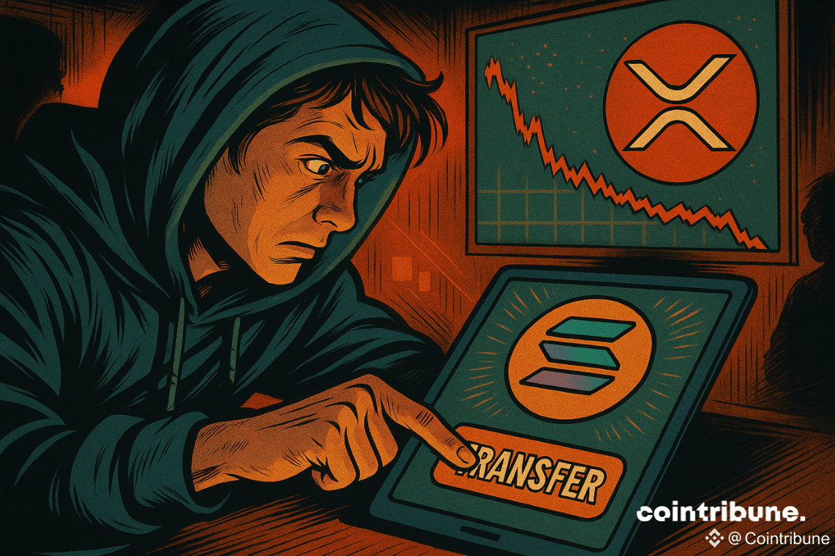 Trader en situation de panique appuyant sur "Transfert" dans un écran au logo de Solana