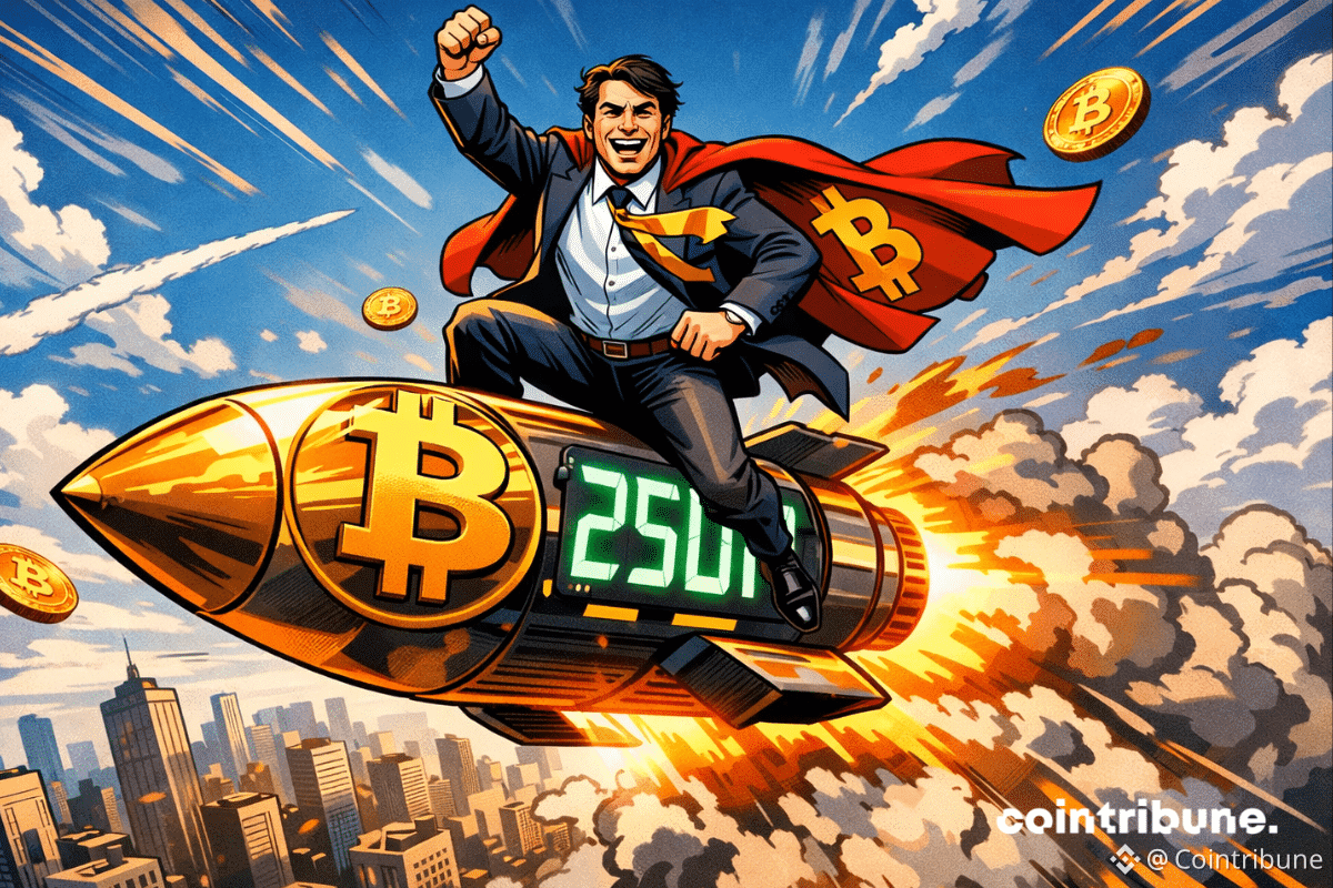 Comic-style image of Tim Draper riding a Bitcoin rocket with "250K" in the sky above a city.