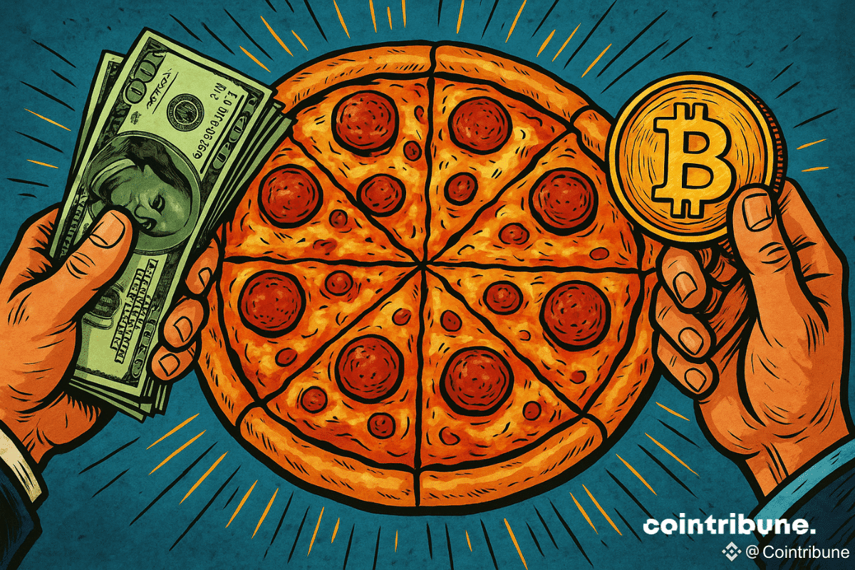 Une grande pizza appétissante trône au centre de l’image, illustrée dans un style bande dessinée des années 70. À gauche, une main ferme tient une liasse de billets en dollars, tandis qu’à droite, une autre main tend une pièce dorée marquée du symbole Bitcoin. Les couleurs sont vives, les contours prononcés, et des lignes dynamiques soulignent la tension de l’échange entre argent traditionnel et cryptomonnaie.