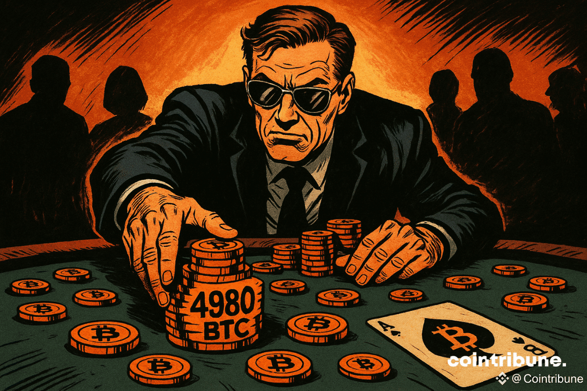 Homme en costume mise 4980 BTC au poker, expression déterminée, ambiance sombre et orange, jetons Bitcoin, carte As modifiée.