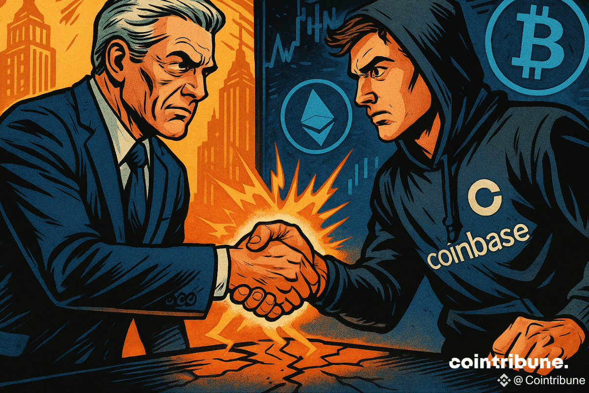 JPMorgan executive shakes hands with Coinbase rep.
