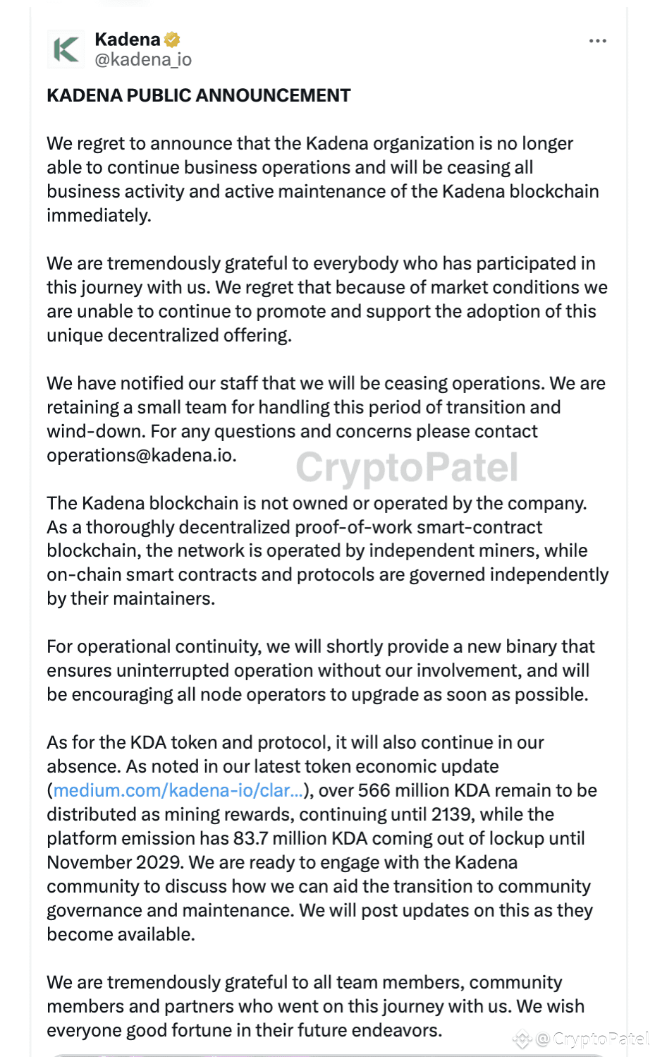 EMERGENCY: Kadena Foundation Abandons Blockchain - $KDA Plunges 65% as  Holders Scramble to Exit | CryptoPatel on Binance Square