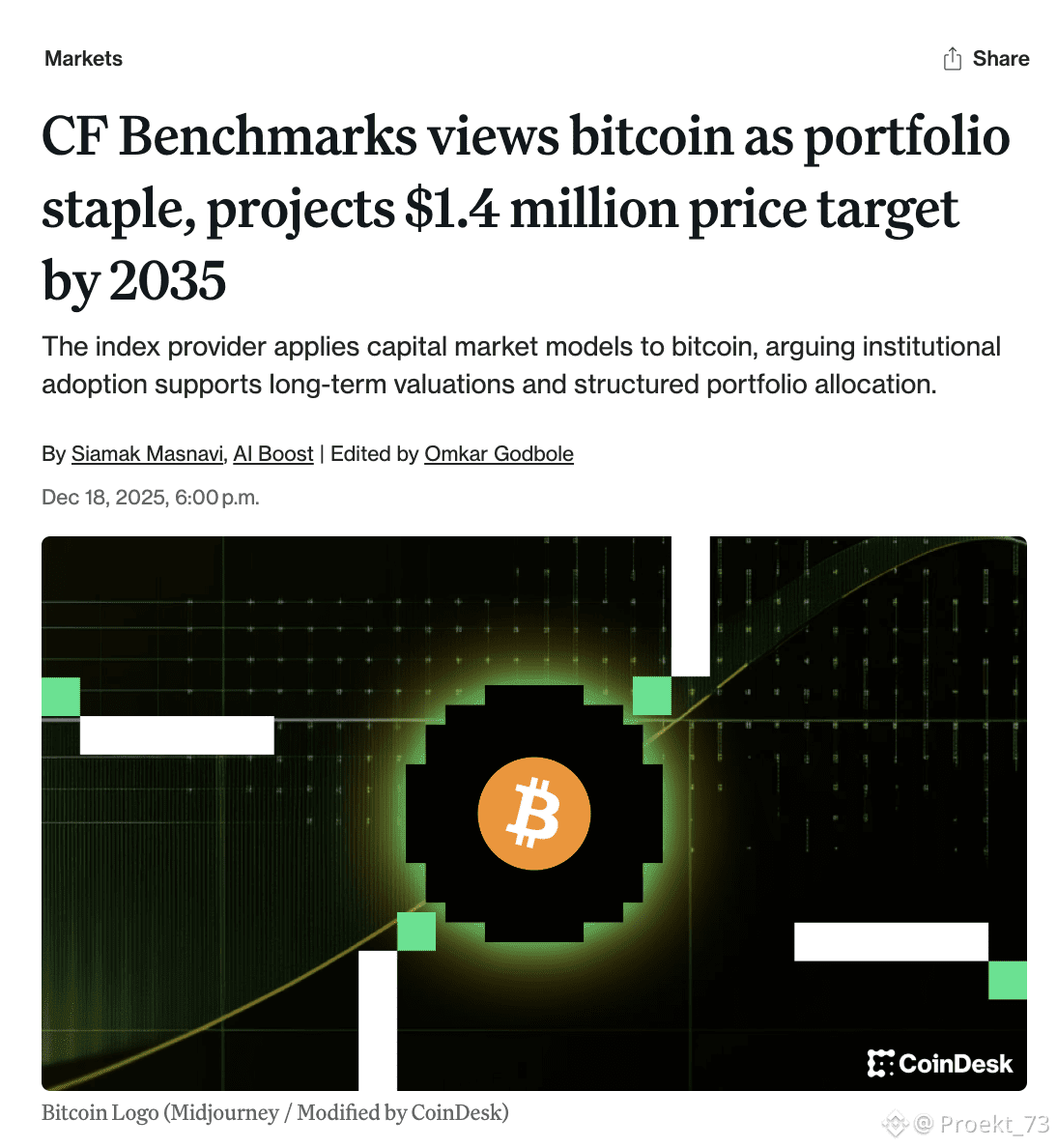 CF Benchmarks: BTC как базовый актив портфеля и цена до 2,95 млн $ к 2035  году | Proekt_73 ຢູ່ຟີດຂ່າວຂອງ Binance