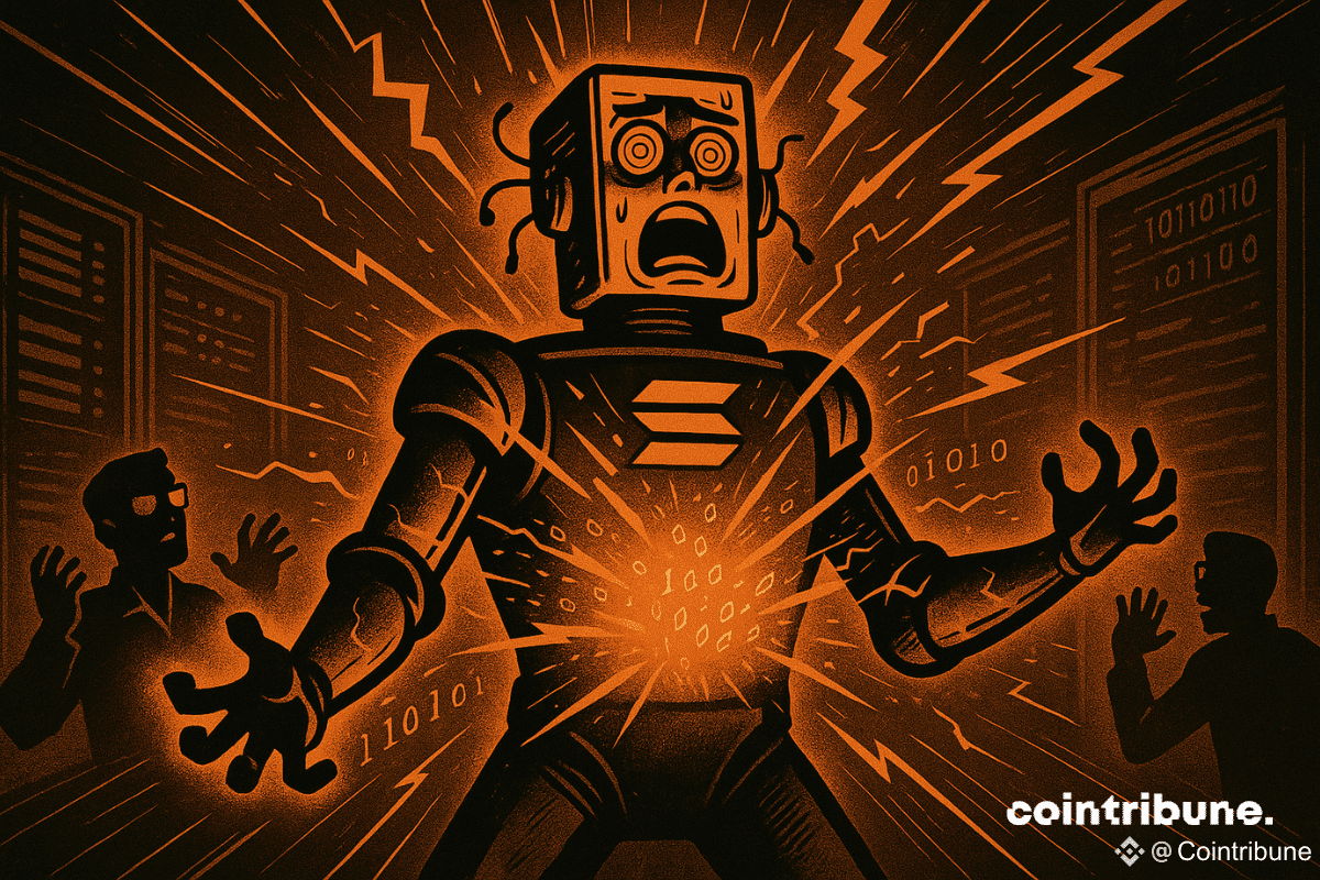 Un serveur humanoïde, mi-machine mi-robot, habillé d’un plastron métallique sur lequel est gravé le logo de de la crypto Solana, lumineux. Le torse du serveur est ouvert, laissant jaillir une explosion de lumière orange mêlée à des lignes de code et des éclairs stylisés, ce qui symbolise le lancement d’Alpenglow.