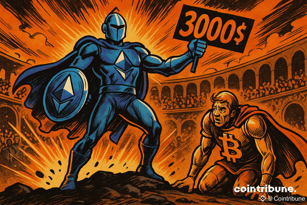 Ethereum triomphe de Bitcoin dans une arène, brandissant un panneau "3000$".