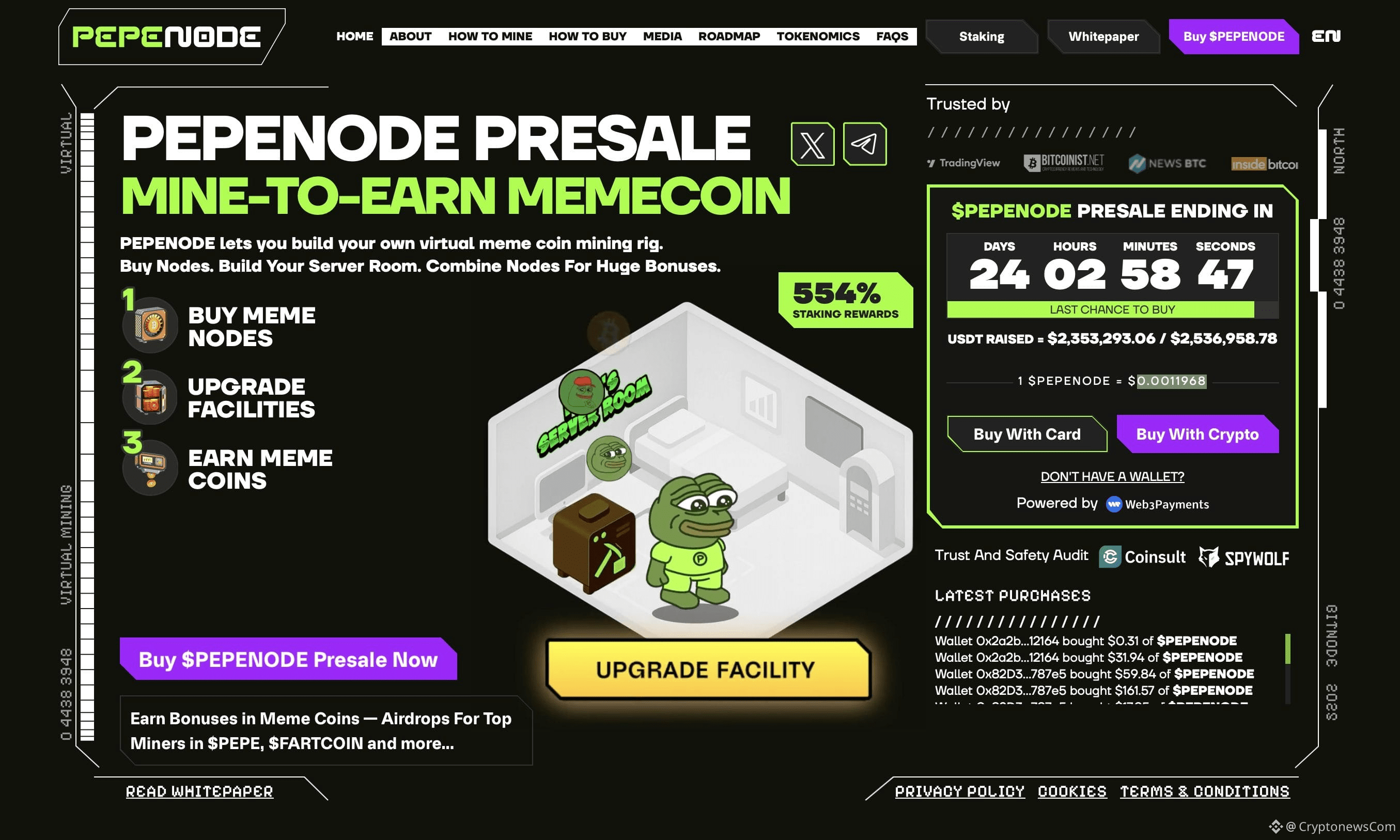 PEPENODE presale page - best new bullish meme coin to buy today.