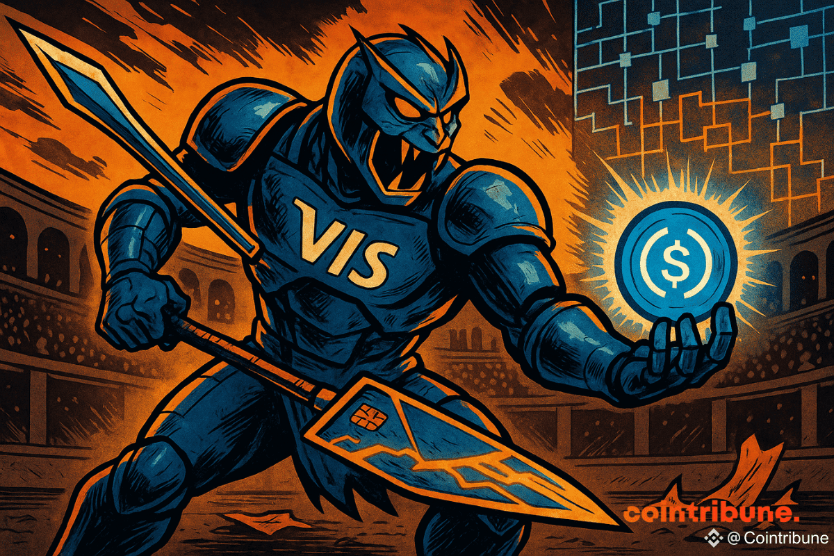 Guerrier futuriste Visa brandissant un jeton crypto dans une arène blockchain.