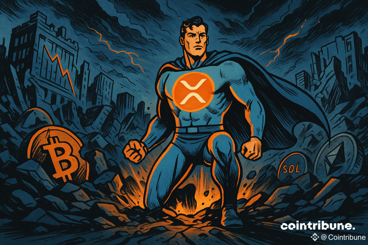 La crypto XRP personnifié en héros masqué à l’aspect lisse et digital, se relevant au centre des décombres, sur une place financière effondrée, bâtiments en ruines, graphiques en chute libre.