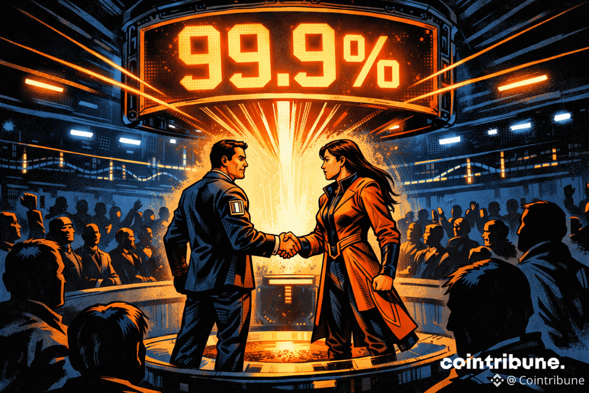 Deux figures crypto se serrent la main sous un écran affichant 99.9 %, devant une foule