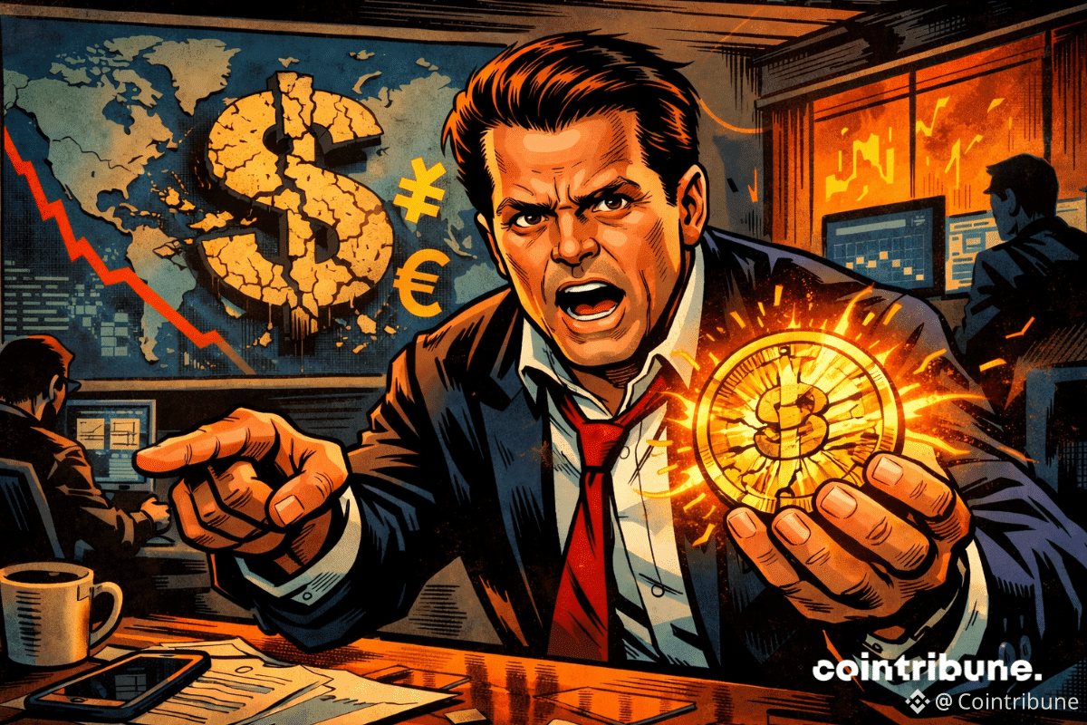 Scaramucci détient un stablecoin fissuré alors que le symbole du dollar s'effondre et que les marchés plongent derrière lui.