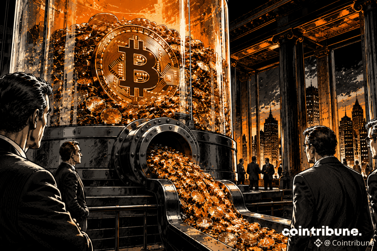 Un gigantesque réservoir transparent rempli de pièces Bitcoin se vide lentement par une large canalisation. Des analystes observent la scène.