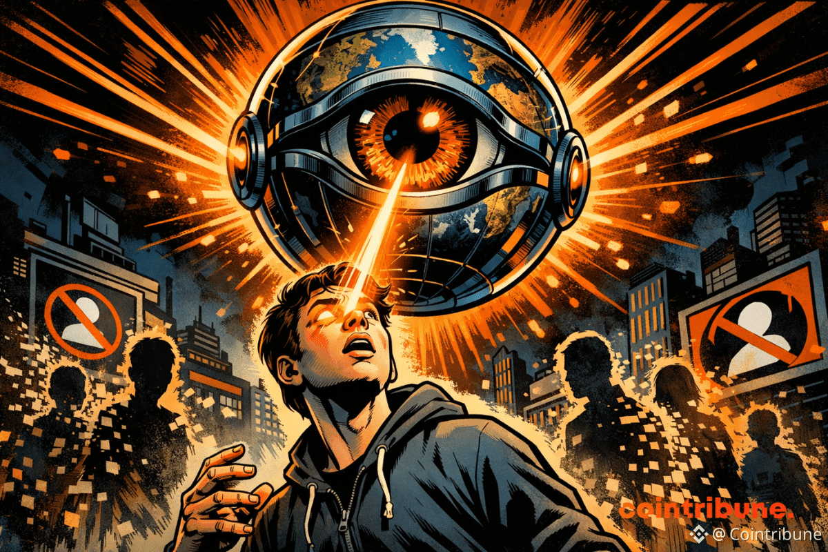 Une IA en forme de globe projette un rayon orange sur l’œil d’un jeune