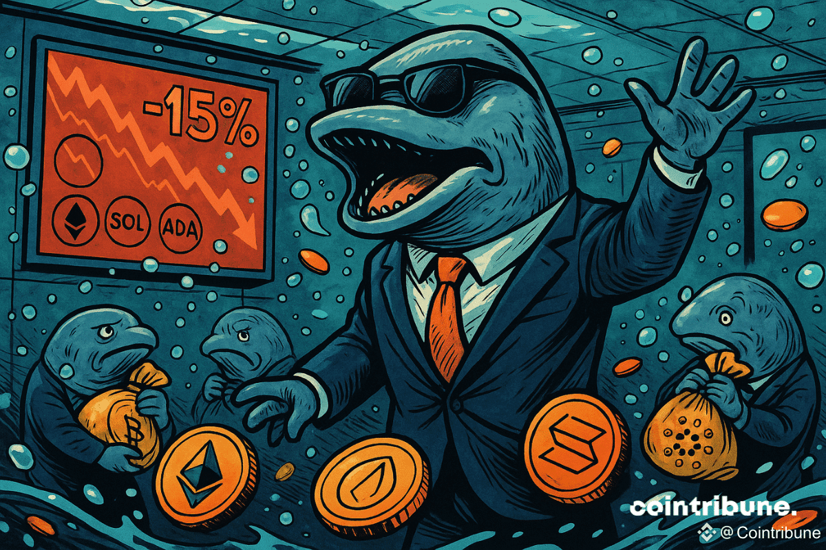 Une énorme baleine humanoïde, en costume-cravate, devant un écran de trading rouge. Bras levé, vendant frénétiquement. Froid, concentré, lunettes réfléchissantes. Un tableau numérique affichant "-15%" et des logos des crypto (Ethereum, SOL, ADA) en rouge.