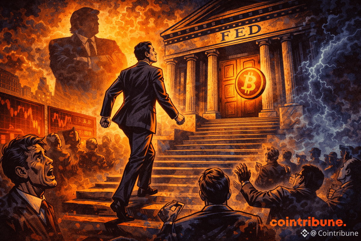 Kevin Warsh gravit les marches de la Fed, tandis que traders paniquent et qu’un Bitcoin flotte entre ombre et lumière.