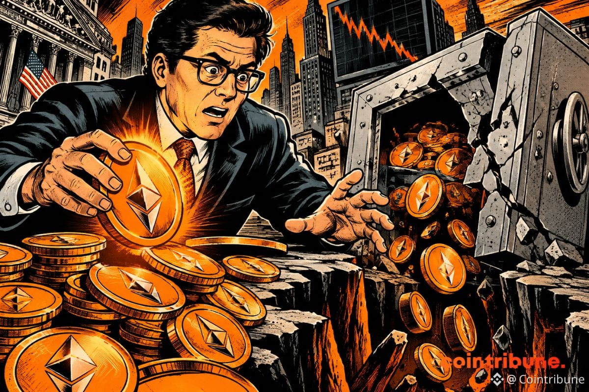 Un dirigeant financier paniqué tient un Ethereum lumineux devant un coffre-fort fissuré, tandis que des pièces orange chutent dans un gouffre, illustrant la baisse de valorisation de BitMine malgré ses achats crypto.