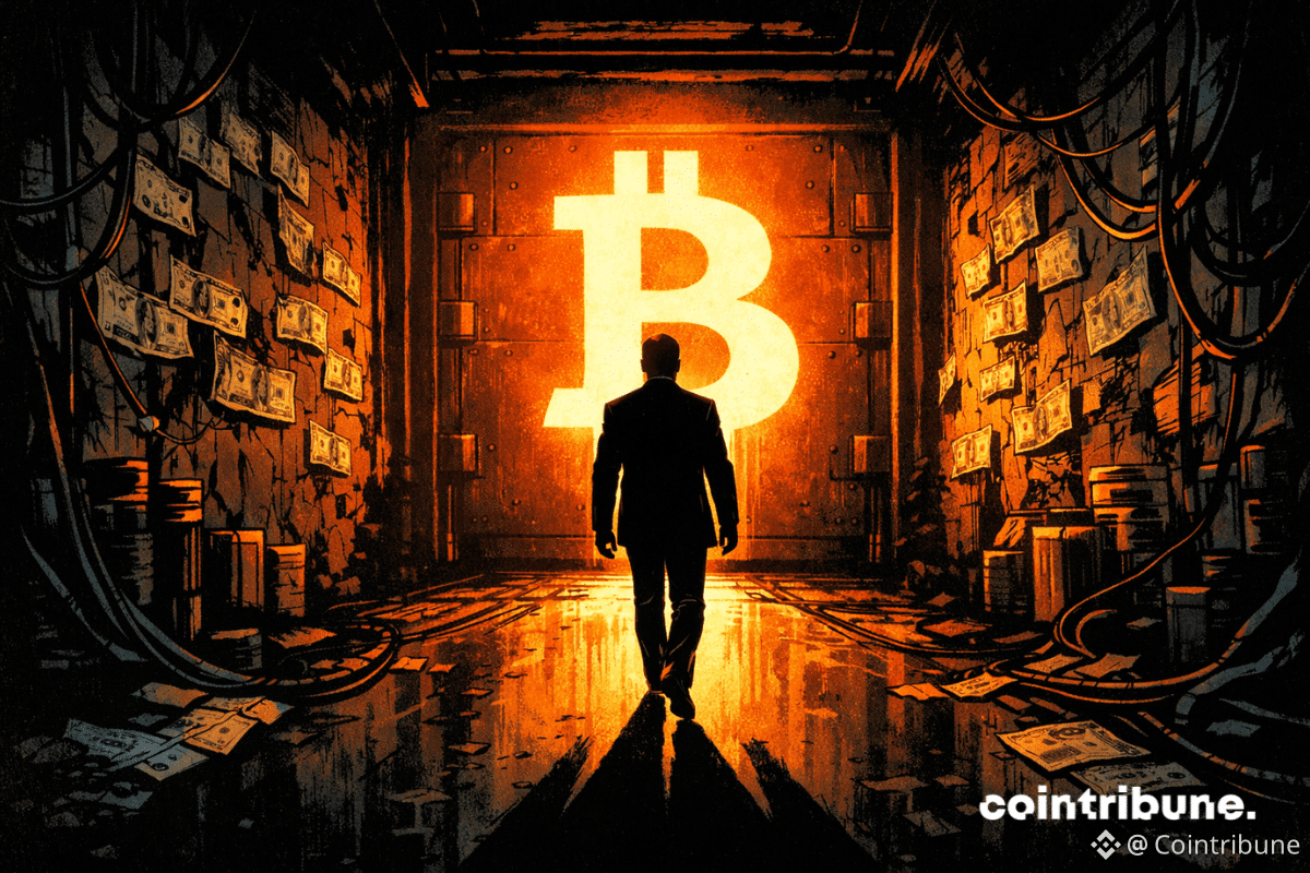 Une silhouette de Warsh marchant dans un couloir sombre vers une porte marquée « FED », éclairée par un Bitcoin géant.