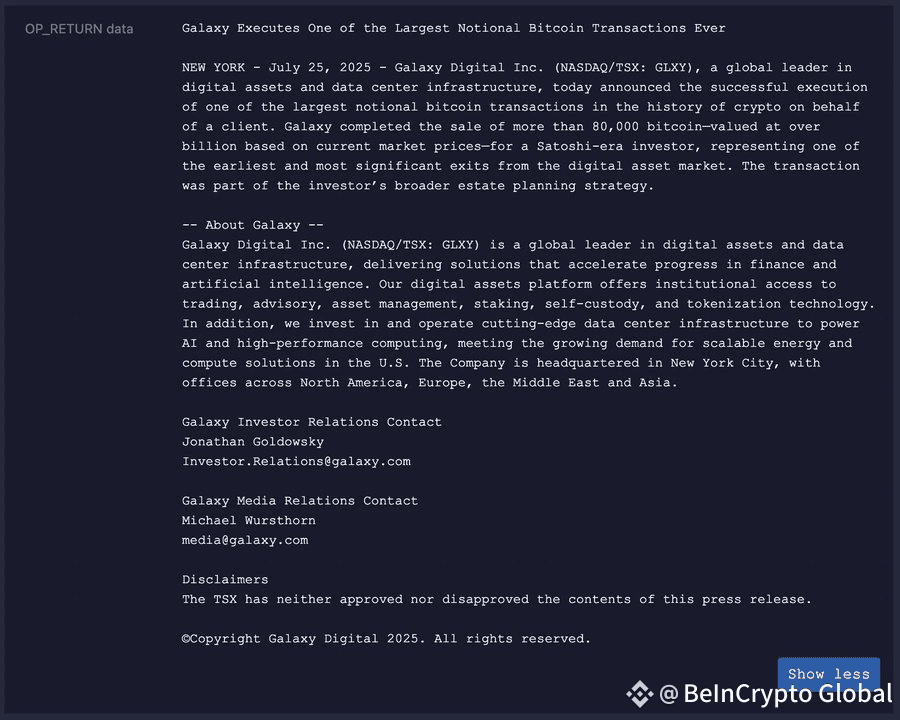 Galaxy Digital's Embedded Message on Bitcoin Network.