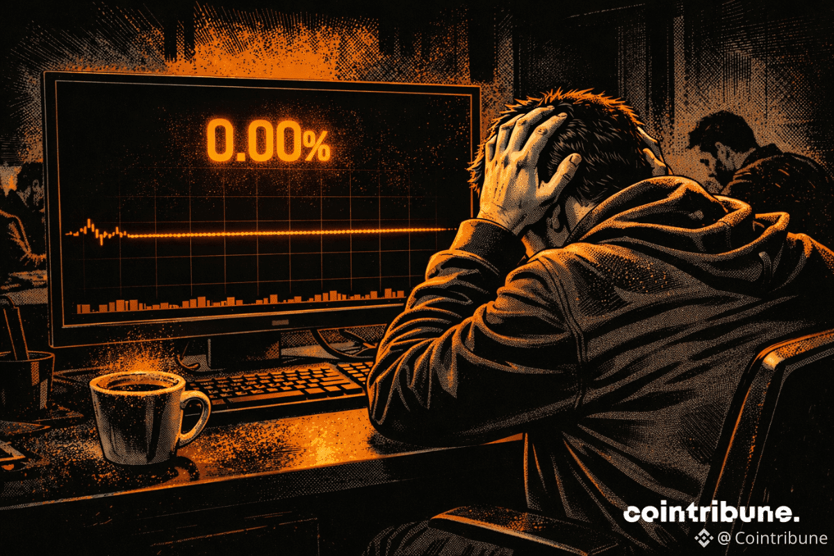 Trader frustré regardant un écran affichant un graphique plat à 0,00 %.