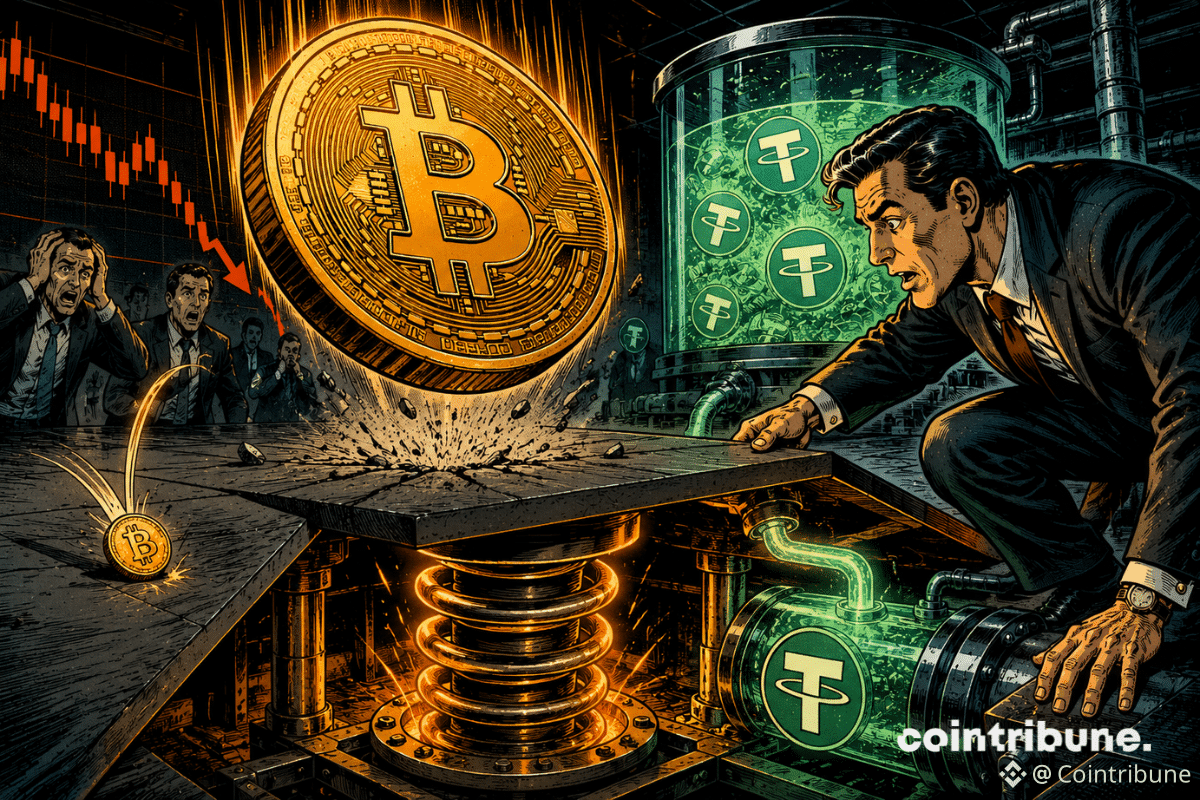 Un Bitcoin géant chute vers un sol fissuré, soutenu par un mécanisme alimenté par l’USDT.