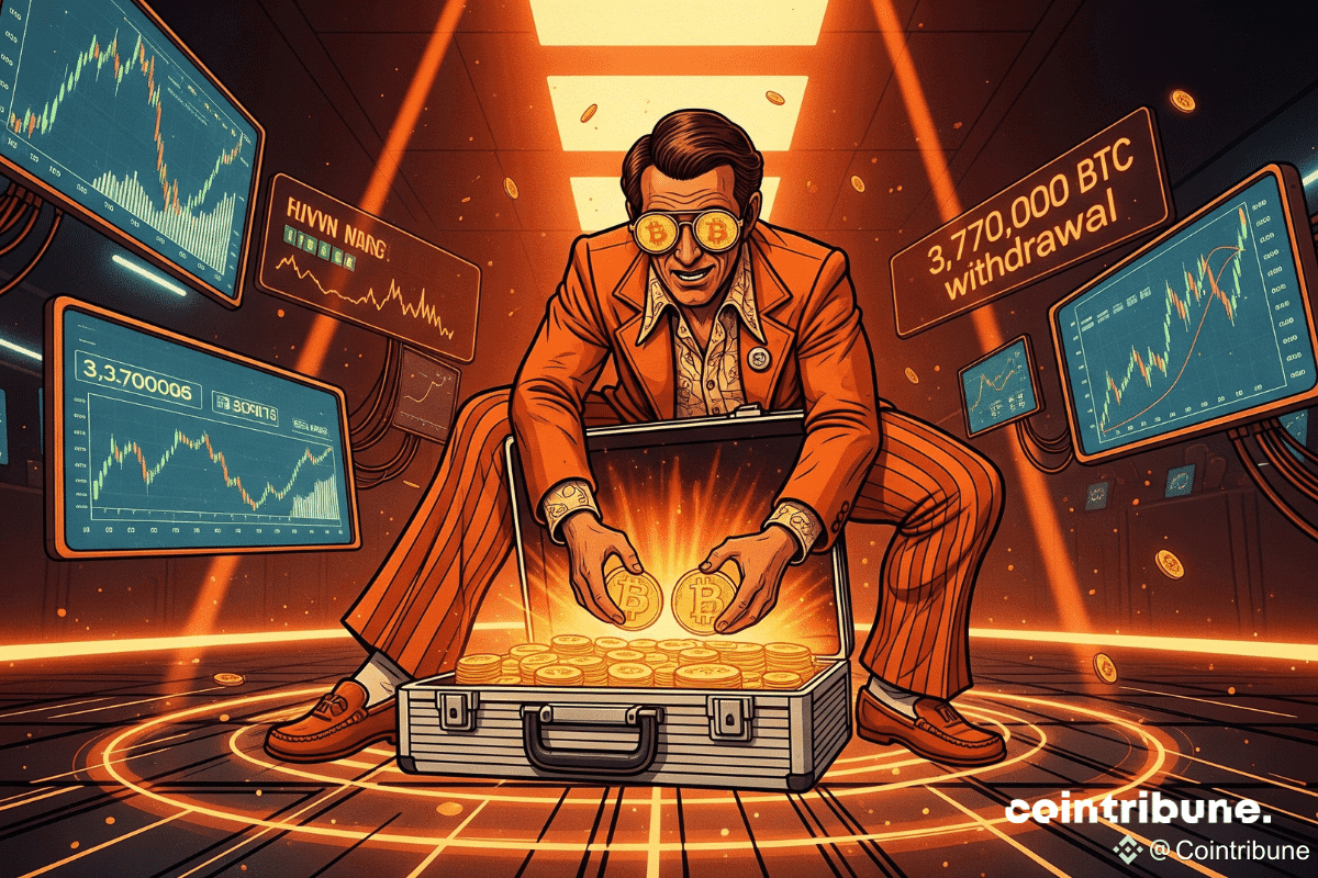 Un investisseur ramasse des bitcoins, avec un exchange en panique derrière lui