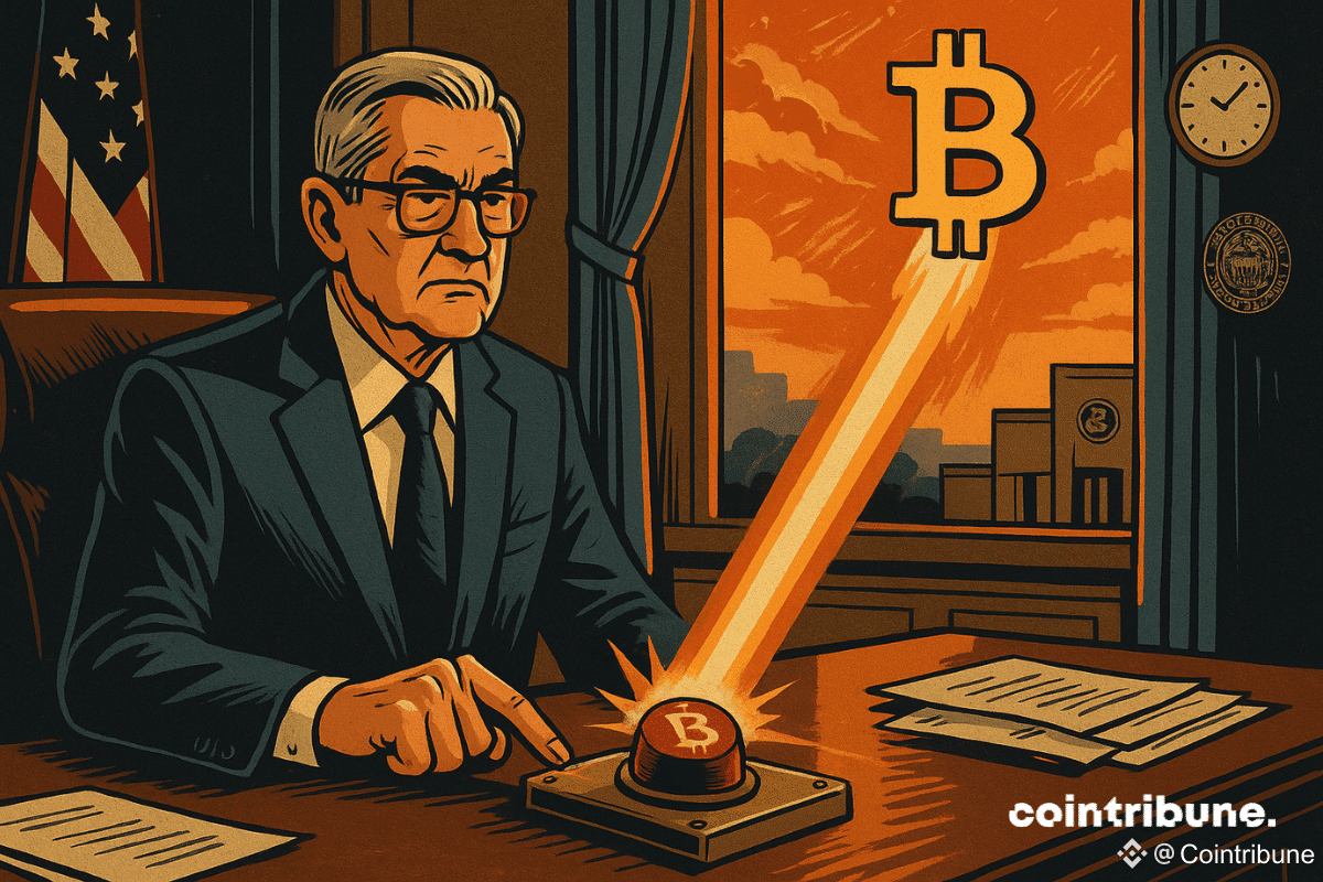 Un haut fonctionnaire ou gouverneur de la Fed, assis droit, en train d’appuyer avec détermination sur un bouton rouge vif situé sur le bureau, marqué d’un symbole du Bitcoin.