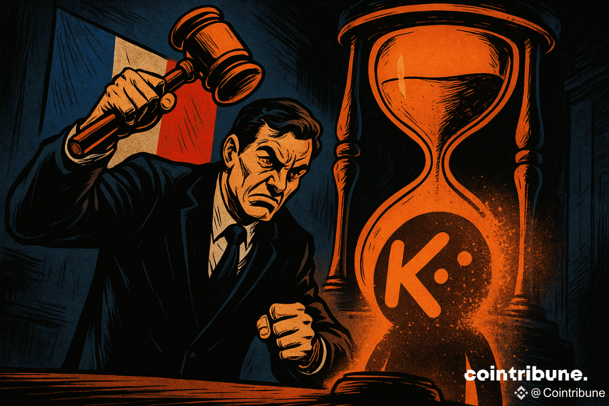 Un juge sévère brandissant son marteau devant un sablier orange, avec le logo KuCoin et le drapeau français.