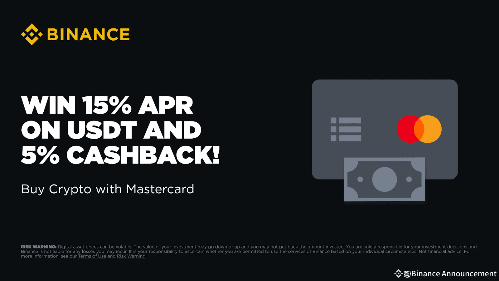 Buy Crypto with Mastercard to Win 15% APR on 7-day Binance Simple Earn USDT  Locked Products and 5% Cashback in Rewards! | Binance Announcement on  Binance Square