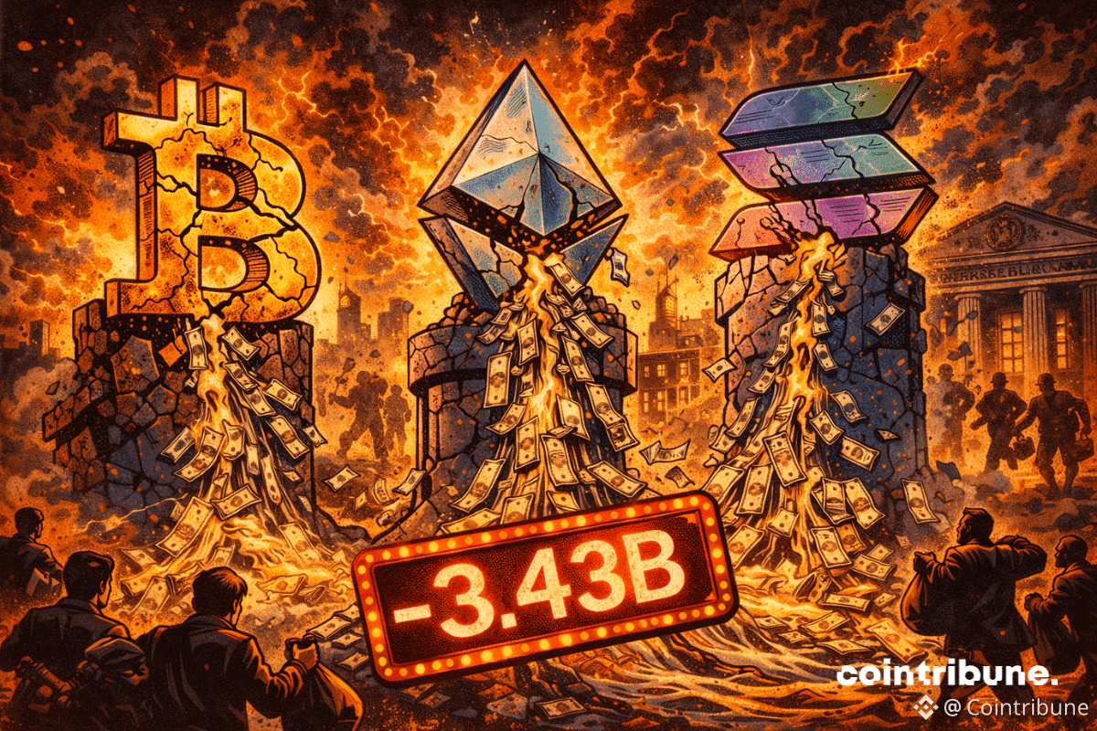 Des statues de Bitcoin, Ethereum et Solana se fissurent, tandis que des flux d’argent s’échappent, sous un panneau rouge “-3.43B”.