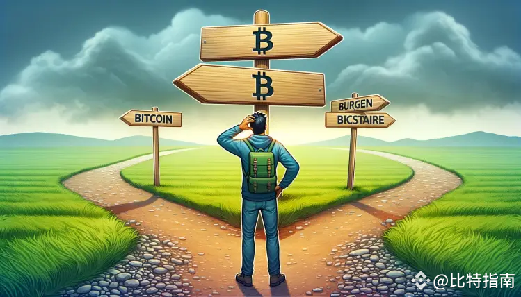 человек стоит на распутье перед тремя дорогами с табличками Bitcoin