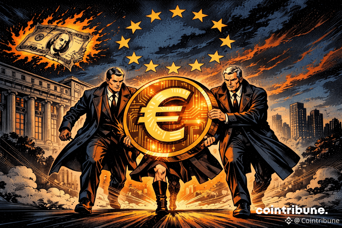 Trois banquiers européens avancent, portant un stablecoin crypto euro lumineux défiant le dollar