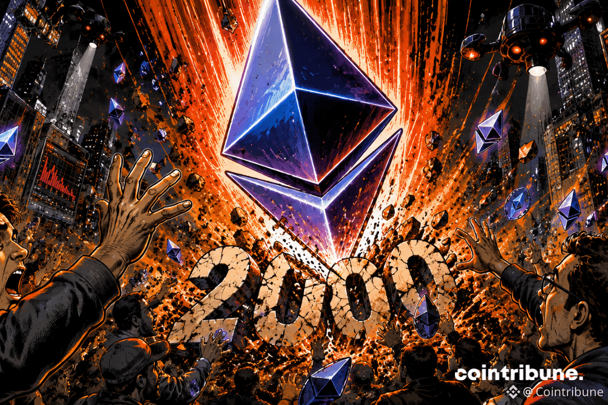 Ethereum chute brutalement sous 2000 dollars foule paniquée FOMO crypto explosion orange traders hystériques ville cyberpunk chaos financier numérique