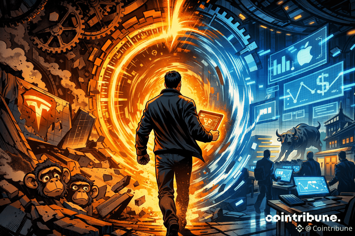 Un homme entre dans un portail depuis les ruines de 2021 vers un monde de 2026 fait d’actions tokenisées et de trading numérique.