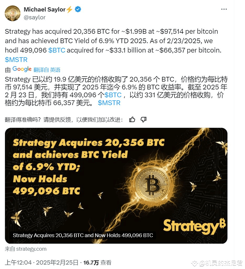 杰尼获悉：Strategy以均价97,514美元增持20,356枚比特币，共计约20亿美元。 20亿美元？哥们真牛啊， |  机灵的杰尼君ຢູ່ຟີດຂ່າວຂອງ Binance