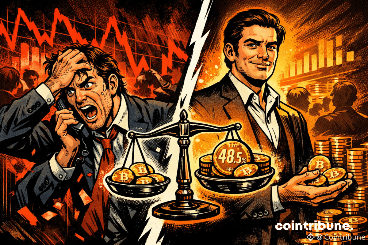 Un trader paniqué face à un investisseur calme accumulant des bitcoins