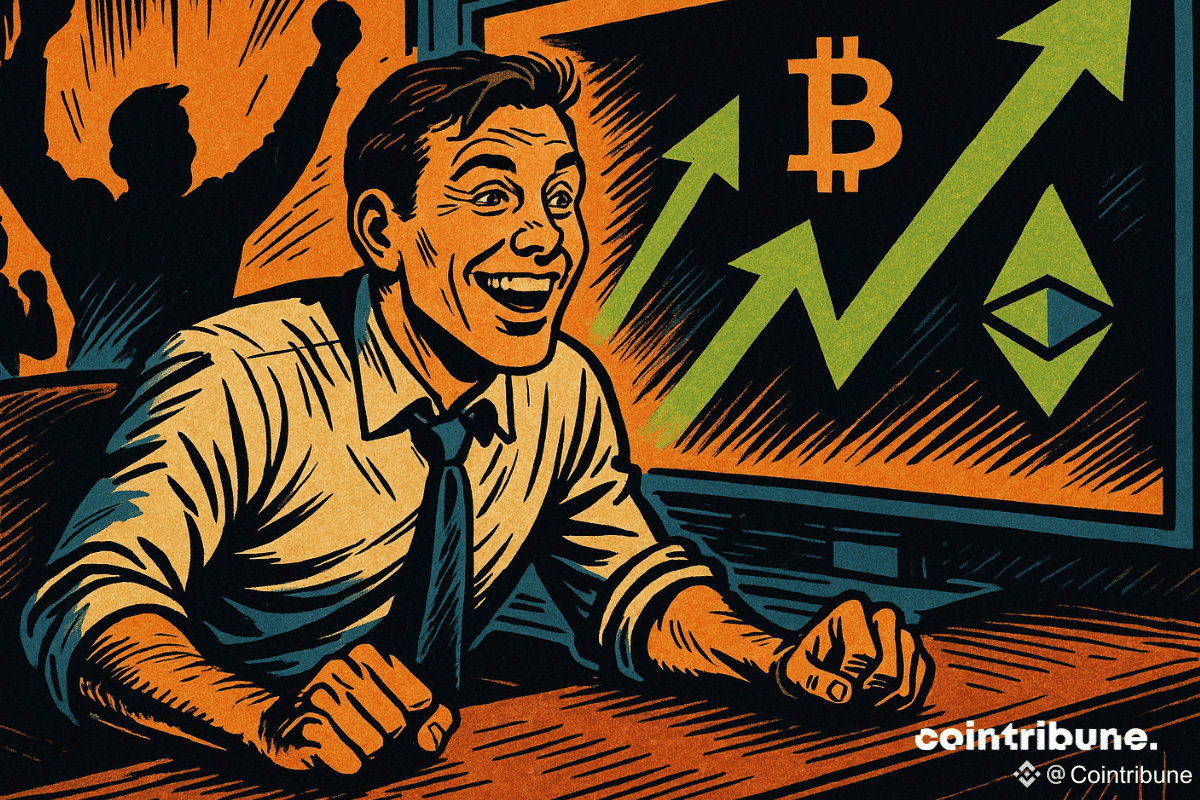 Un commerçant souriant regarde Bitcoin et Ethereum augmenter à l'écran.