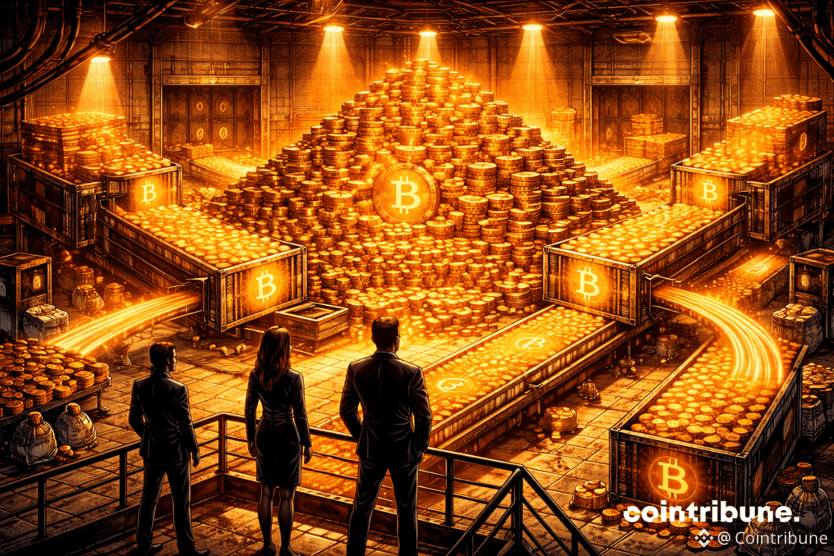 Dans une salle de réserve institutionnelle, d’immenses piles de Bitcoins s’accumulent dans un coffre central, tandis que d'autres arrivent par des rails financiers lumineux sous le regard des représentants de Strategy.