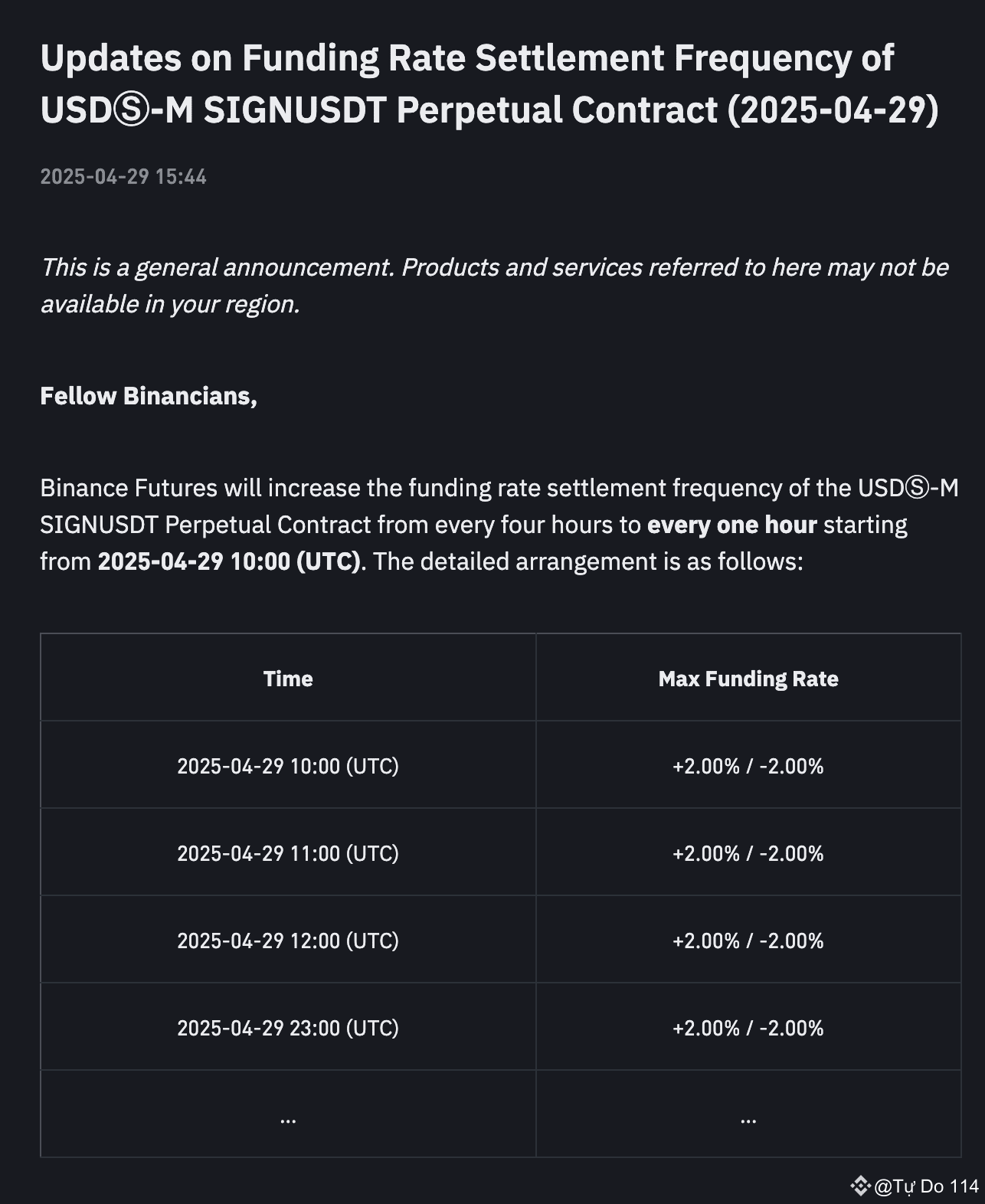 Binance Changes Funding Fee Calculation Frequency for SIGNUSDT Contract:  From 4 Hours to 1 Hour | Tự Do 114 on Binance Square