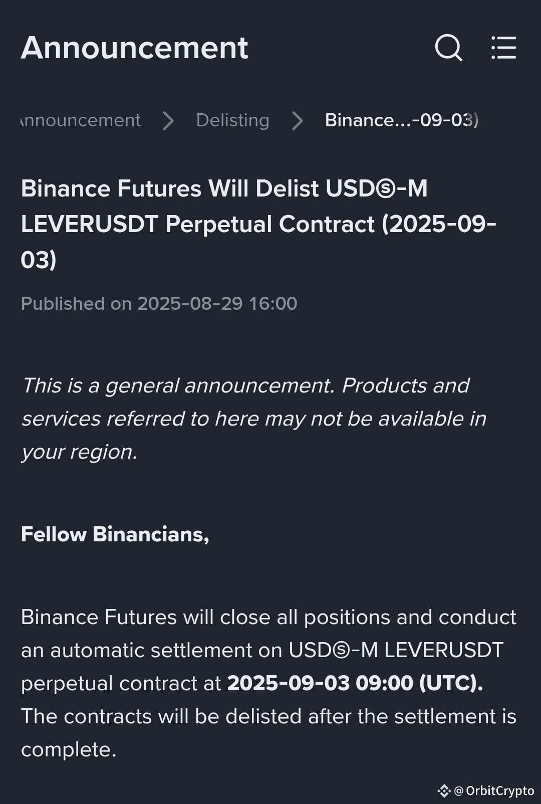LEVER LeverFi (LEVER) has officially been delisted from | OrbitCrypto on  Binance Square