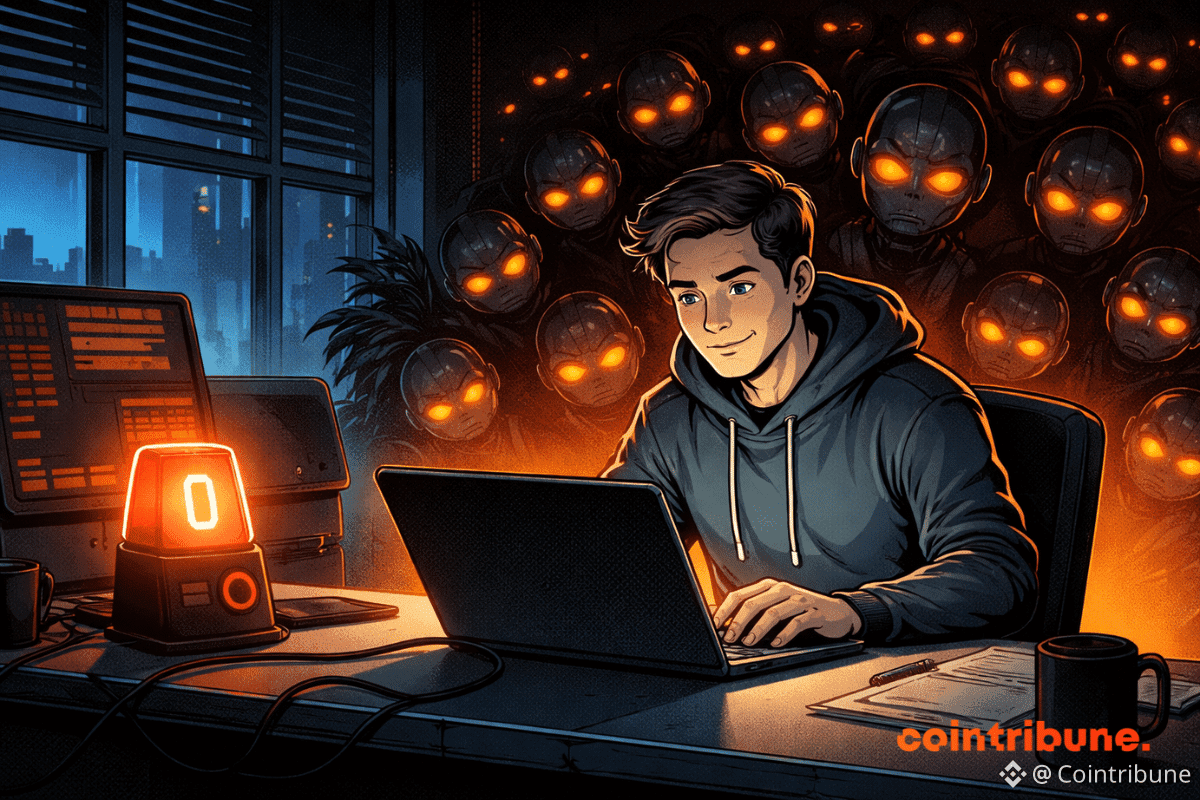 Un ingénieur concentré travaille sur un ordinateur portable tandis qu'un voyant d'alerte « 0 » lumineux reste éteint, alors qu'une nuée de visages IA aux yeux orange se profile derrière lui dans un bureau sombre.