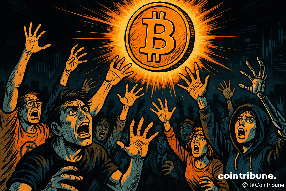 Une foule de personnes désespérées, dans un style de bande dessinée, tend la main vers un Bitcoin lumineux planant au-dessus d'eux, avec un éclairage dramatique et une main robotique parmi eux.