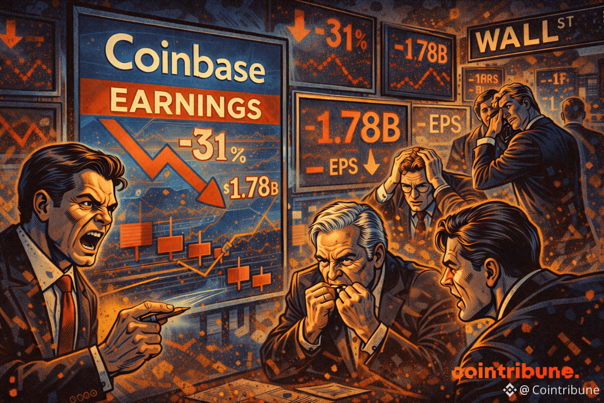 Des analystes paniquent devant l’écran Coinbase rouge affichant -31% et 1.78B, tandis que la salle de marché sombre sombre dans l’inquiétude.
