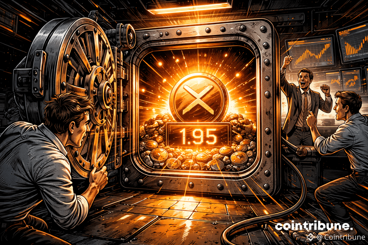 Un trader crypto ouvre un coffre. Un cristal XRP lumineux devant un compteur indique 1.95.