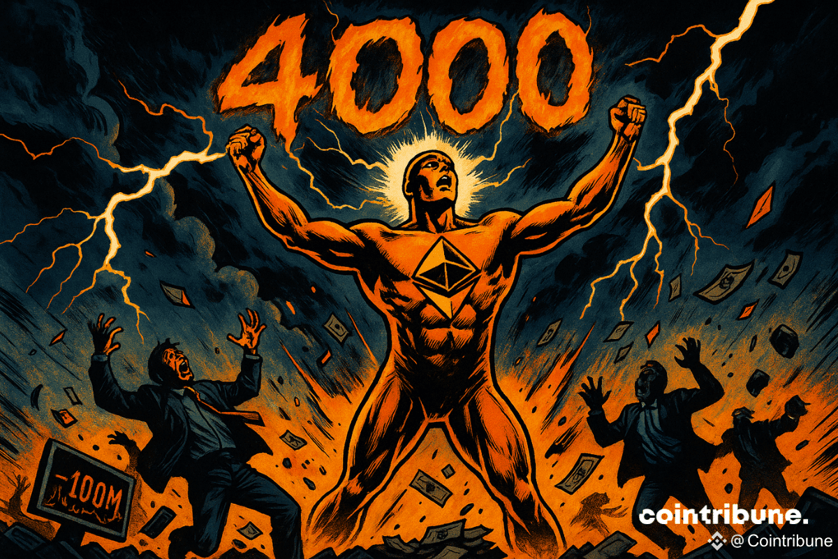 La crypto Ethereum est représenté sous forme anthropomorphique, à la manière d’un dieu ou super-héros doré, torse bombé, bras levés en V vers le ciel, paumes ouvertes, posture de domination. Le chiffre « 4000 » en flammes orange flotte au-dessus de lui, à moitié fondu dans un éclair, soulignant le pic symbolique atteint. Le logo Ethereum dans ses mains rayonne de lumière.