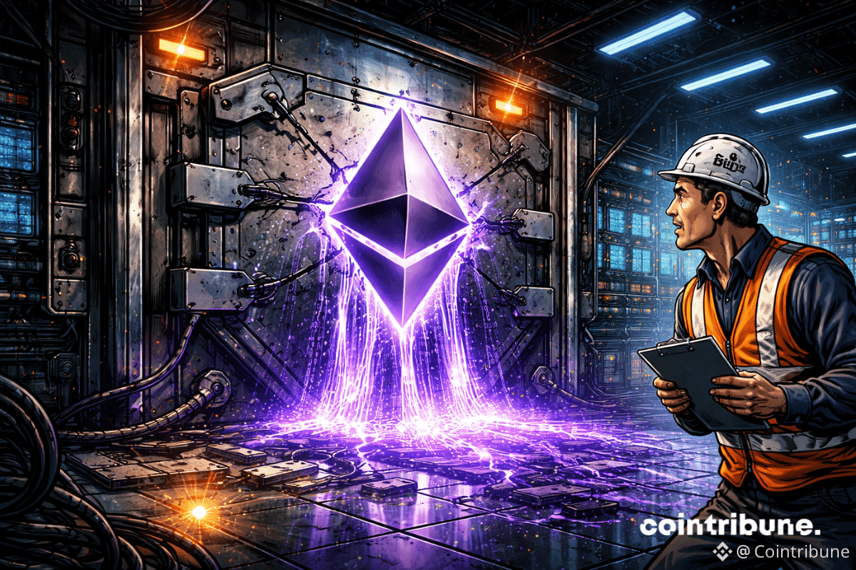 Un coffre-fort Ethereum fissuré laisse s’échapper un liquide numérique violet sous le regard d’un ingénieur de BitMine.
