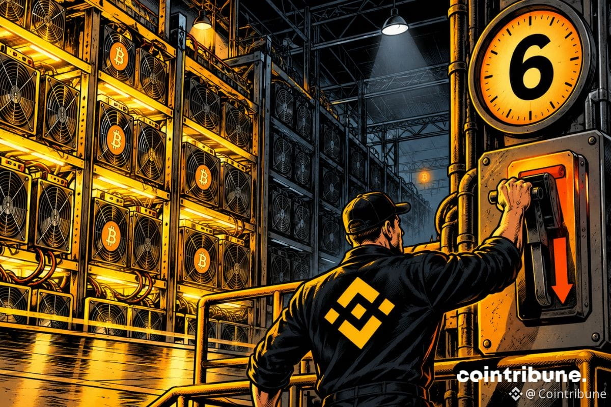 Un technicien coupe une ferme de minage crypto tandis qu’un cadran affiche 6 et que les machines s’éteignent.