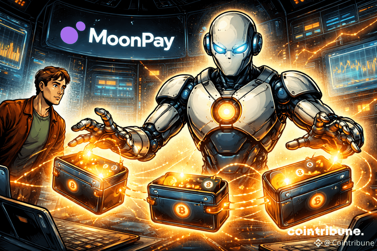 Un robot humanoïde manipule des wallets lumineux en lévitation, tandis qu’un humain observe, intrigué, sous des écrans affichant une activité crypto intense