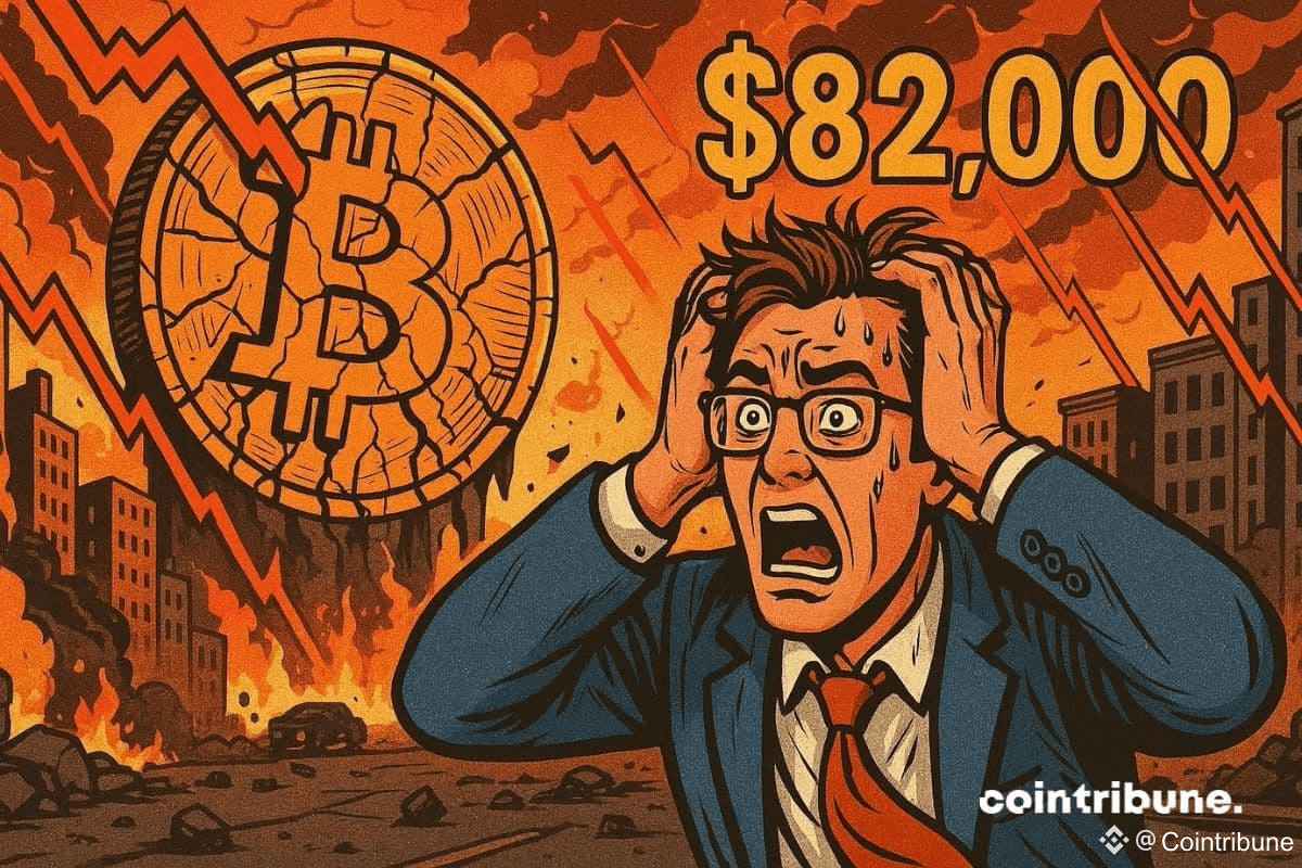 Un investisseur bitcoin en sueur devant la chute à 82 000 dollars et des liquidations massives.