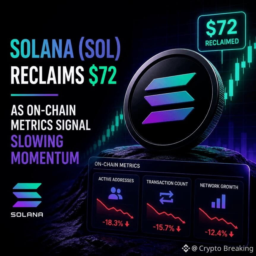 Solana (Sol) Reclaims $72 As On-Chain Metrics Signal Slowing Momentum